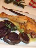 Muslos de pularda asados con patatas vitelotte