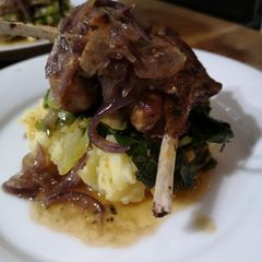 Marinaded lamb cutlets over cabbage and mash A picture of Marinaded lamb cutlets over cabbage and mash.