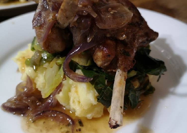 Recipe of Award-winning Marinaded lamb cutlets over cabbage and mash