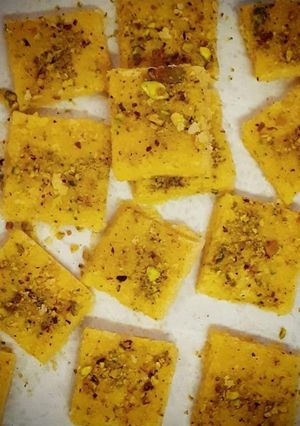 A picture of Kesar Coconut Burfi.