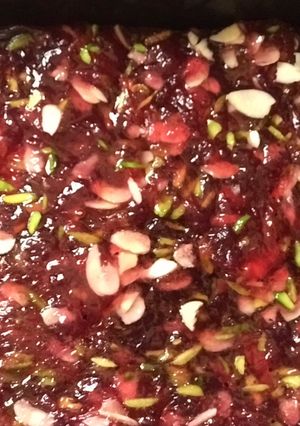 A picture of Rose Halwa with pistachios and almonds.