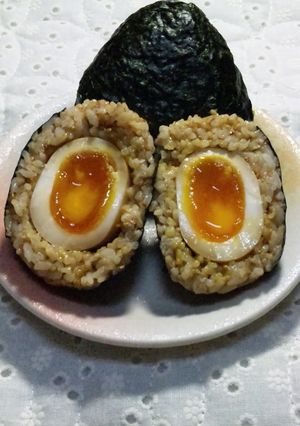 A picture of Soft-Boiled Marinated Egg Onigiri.