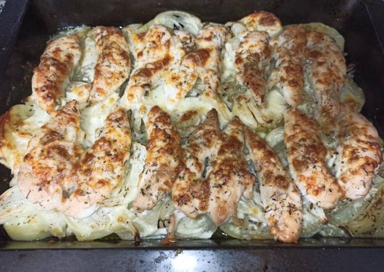 Solomillo de pollo al queso con patatas