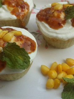 A picture of Idli muffins with Chilli corn sauce.