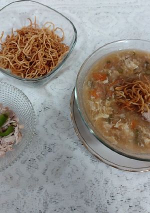 A picture of Chicken and veg hot and sour soup.