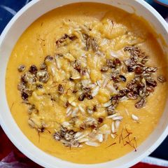 Semolina saffron kheer with nuts A picture of Semolina saffron kheer with nuts.