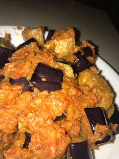 A picture of Tofu Eggplant with chili and tomato sauce (Terong Balado).