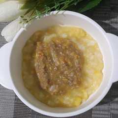 A picture of Mpasi 9 bulan (nasi jagung with beef gravy).