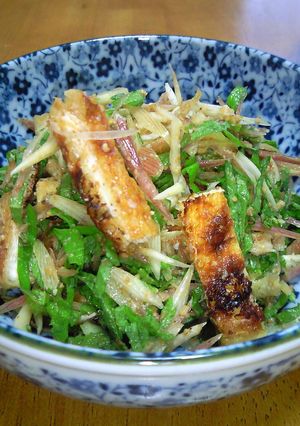 A picture of Myoga, Shiso, and Fried Tofu with Sesame Dressing.