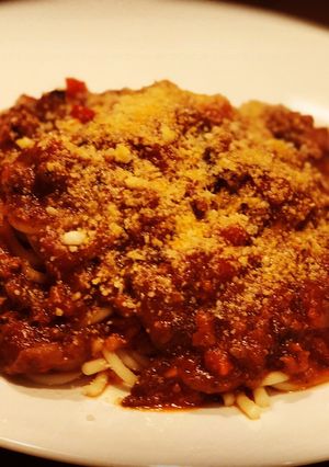 A picture of Italian Style Homemade Spaghetti with meat sauce.