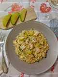 Risotto di San Valentino gamberoni mela verde fumetto di gamberi
