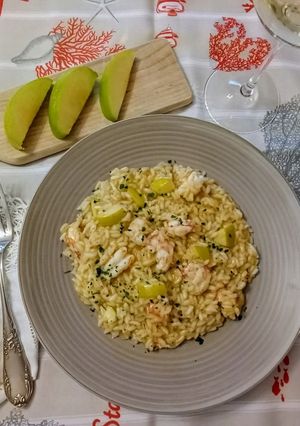 A picture of Valentine's Day Risotto with Shrimp, Green Apple, and Shrimp Stock.