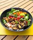 Vietnamese noodle bowl: Bun Bo Xao with lemongrass beef & 🍆