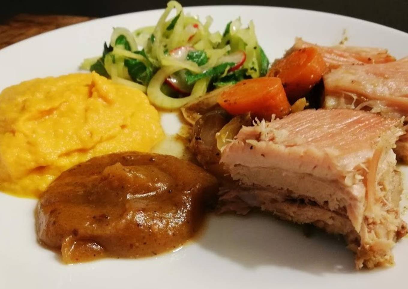 Roasted Pork Belly with Ras el Hanout Apple Sauce and Fennel and Mint Salad