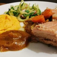 Roasted Pork Belly with Ras el Hanout Apple Sauce and Fennel and Mint Salad A picture of Roasted Pork Belly with Ras el Hanout Apple Sauce and Fennel and Mint Salad.
