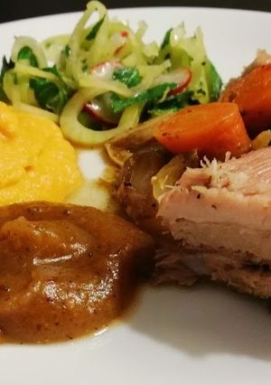 A picture of Roasted Pork Belly with Ras el Hanout Apple Sauce and Fennel and Mint Salad.
