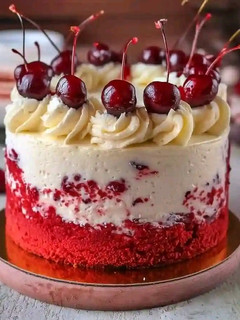 A picture of Cherry Cake with Cherry Cream Cheese Frosting.