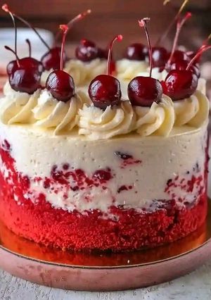 A picture of Cherry Cake with Cherry Cream Cheese Frosting.