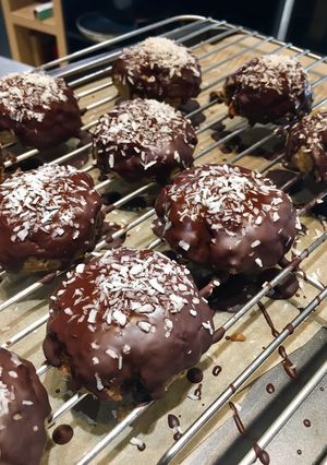 A picture of Chocolate Covered Oat & Coconut Cookies.