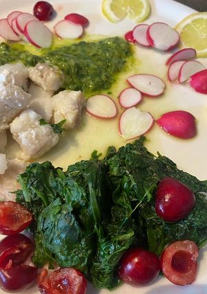 A picture of Monkfish, Pesto, and Cherries.