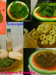 Una foto de Xonequi o espinacas con chochoyotes al frijol y aceite de oliva