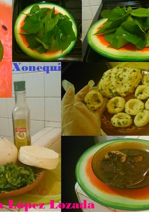Una foto de Xonequi o espinacas con chochoyotes al frijol y aceite de oliva