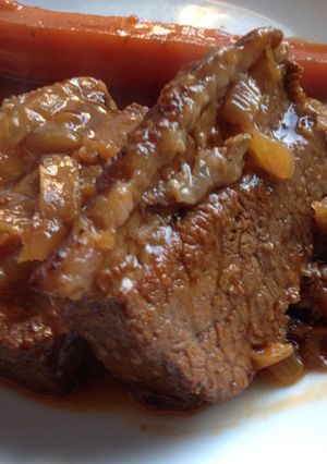 A picture of Slow Cooked Beef Brisket with Onions.