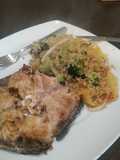 Tintorera con quinoa, brócoli etc