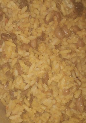 A picture of Jollof rice and beans.