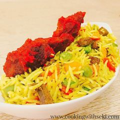 Stirred fried rice and fried peppered beef A picture of Stirred fried rice and fried peppered beef.