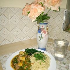 A picture of Spaghetti 🍝 with Beef vegetable stew and Steamed Spinach.