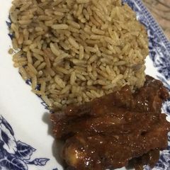 Brown rice with sweet and chilly chicken A picture of Brown rice with sweet and chilly chicken.
