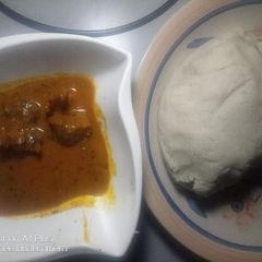 A picture of Ogbolour soup and pounded yam.