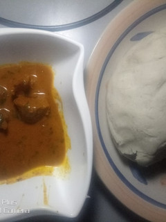 A picture of Ogbolour soup and pounded yam.