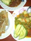 Chapati and peas stew with fried meat plus ovacado