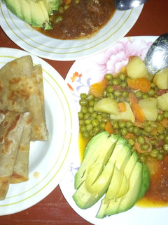 A picture of Chapati and peas stew with fried meat plus ovacado.