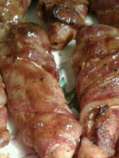 A picture of BBQ bacon wrapped chicken tenders.