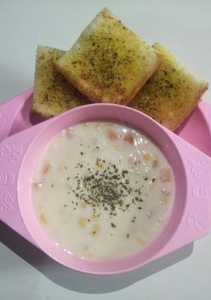 Foto resep Prawn Cream Soup with Garlic Bread (Bisa buat MPASI 1y)