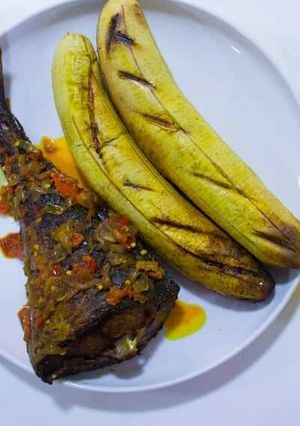 A picture of Oven grilled plantain and fish.