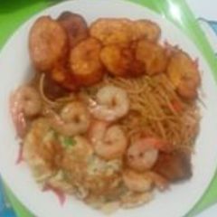 A picture of Pasta,chicken, plantain, egg and shrimp.