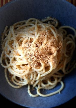 A picture of Spaghetti with Colatura di Alici, Lemon Breadcrumbs, and Caper Powder.