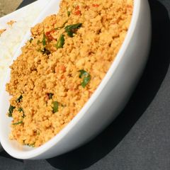 A picture of Egg and awara sauce.