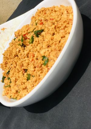 A picture of Egg and awara sauce.