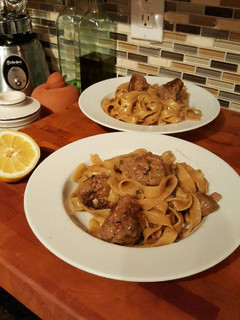 A picture of Swedish Meatballs and Egg Noodles in a Creamy Sauce.