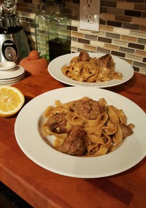 A picture of Swedish Meatballs and Egg Noodles in a Creamy Sauce.