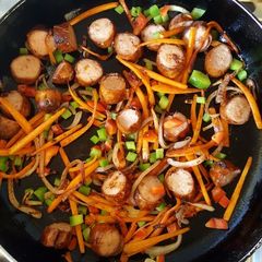 A picture of Sausage Carrots Mixed Pepper stir fry.