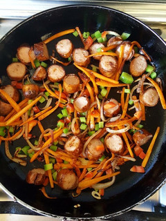 A picture of Sausage Carrots Mixed Pepper stir fry.