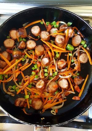 A picture of Sausage Carrots Mixed Pepper stir fry.