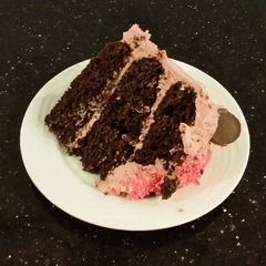 A picture of Dark Chocolate Layer Cake with Fresh Strawberry Cream Frosting and Filling.