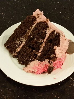 A picture of Dark Chocolate Layer Cake with Fresh Strawberry Cream Frosting and Filling.